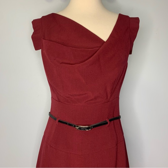 Black Halo Burgundy Jackie O Pencil Skirt Belted Sheath Dress Size M - Picture 9 of 15
